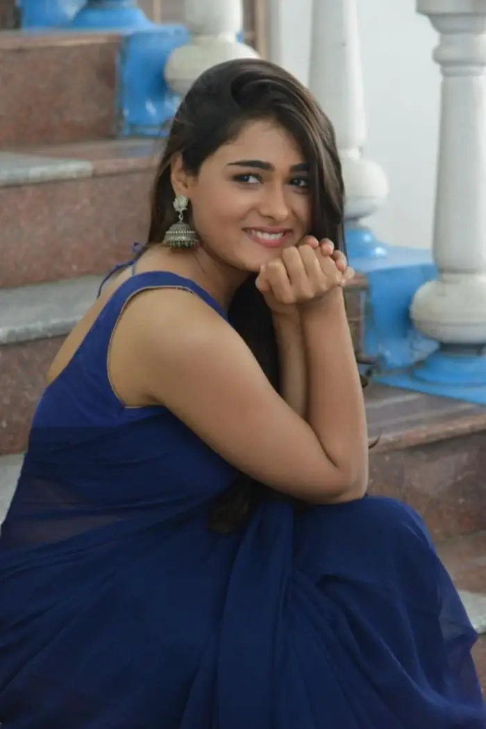 Indian Actress Shalini Pandey In Blue Saree At Telugu Movie Opening